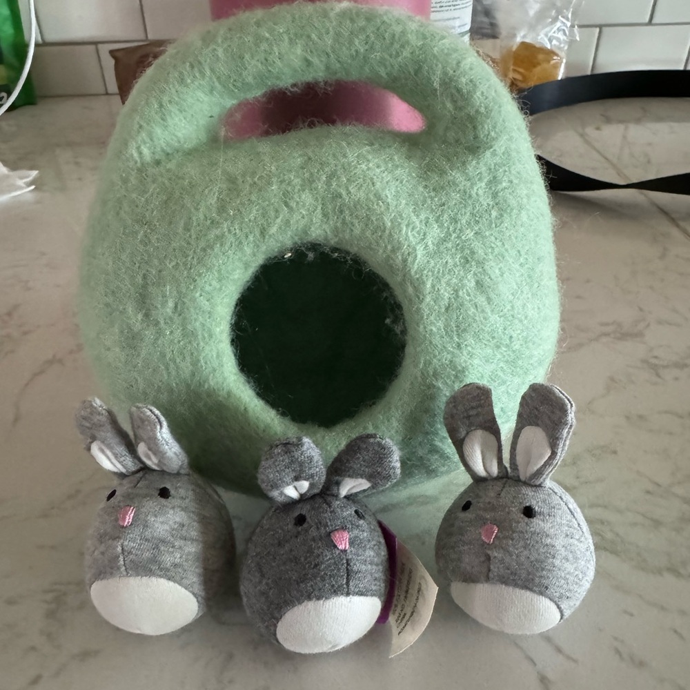 Lovevery Bunnies in a Felt Burrow from The Babbler Kit Months 13,14,15